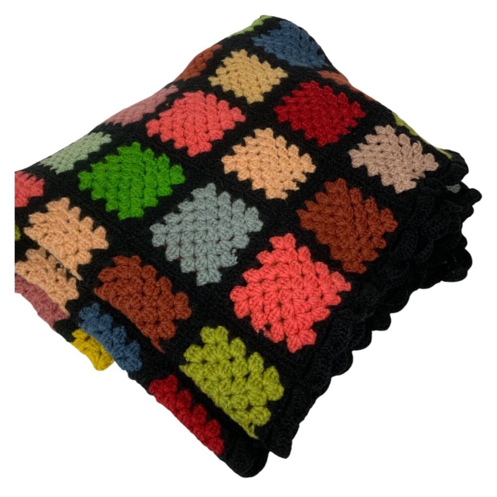 Vintage Handmade Crochet Granny Square Afghan Blanket Black Border Multicolor
